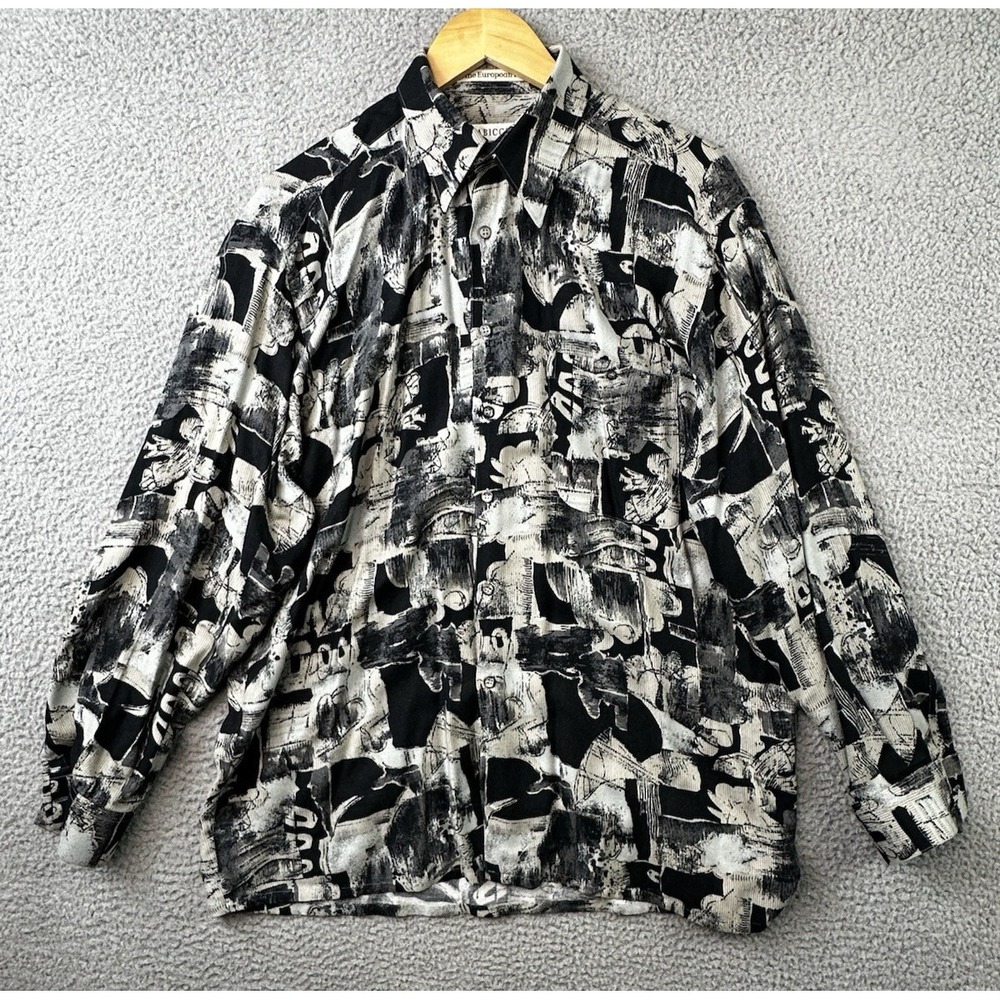 VTG Gabicci Shirt Mens Large Black Gray Abstract Button Front L/S Mod Disco